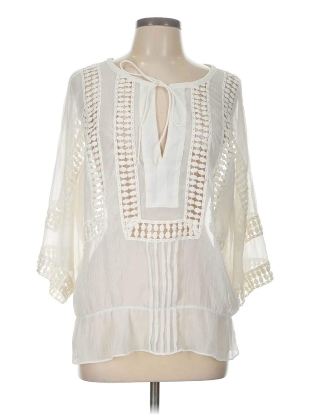 Daniel Rainn boho-style sheer, lightweight fabric, 3/4 sleeves, crochet paneling